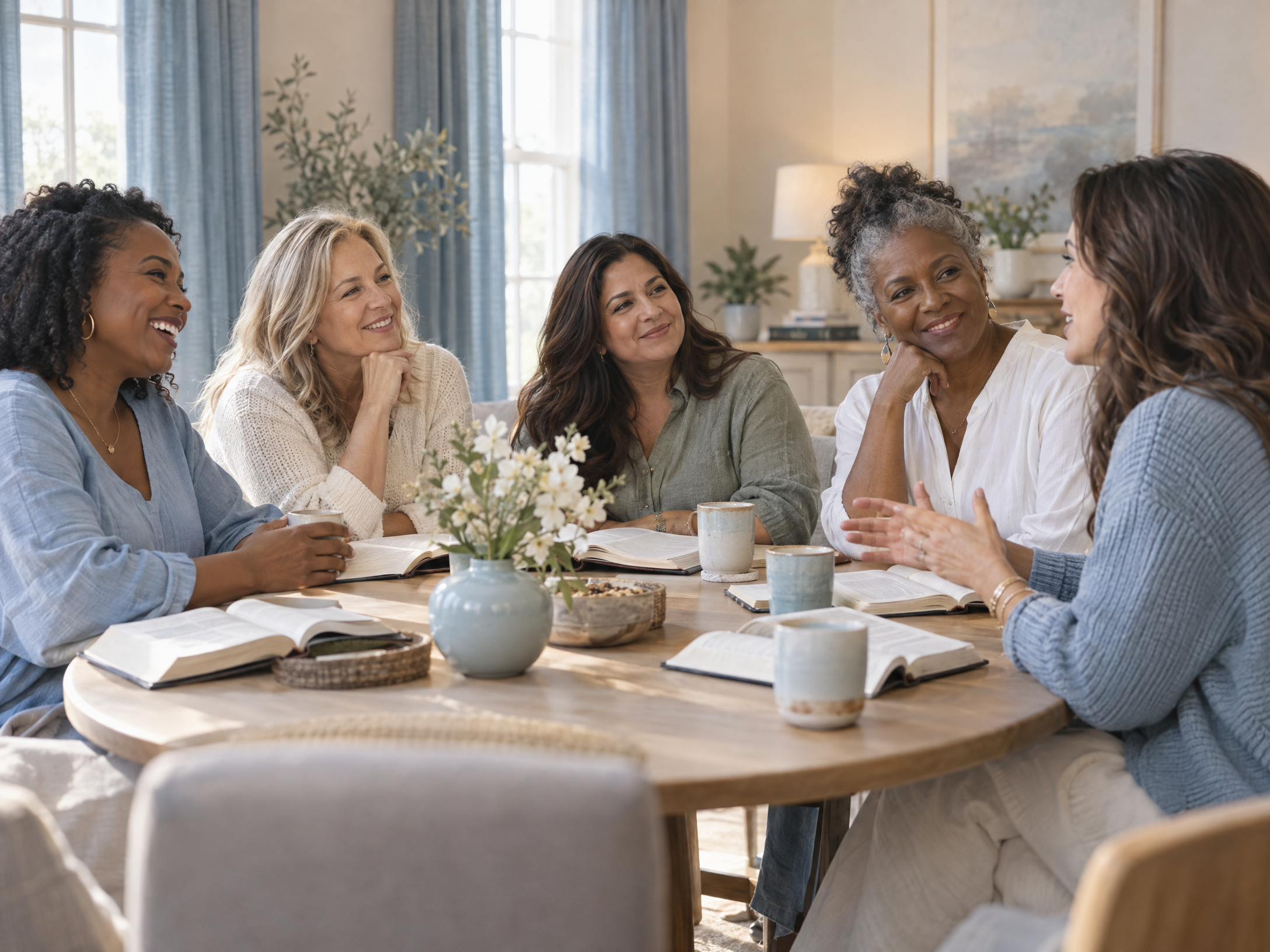 Illustrative scene of women sharing a warm conversation around a table with open Bibles